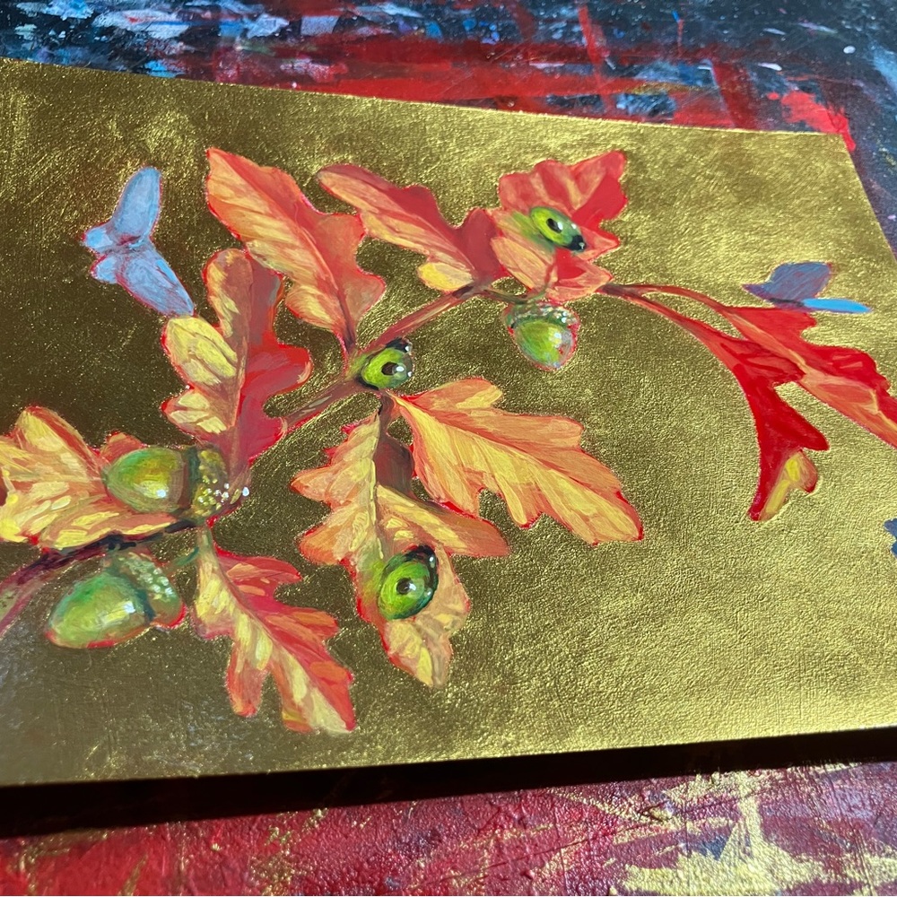 Original Butterfly painting oak acorn art nature gold surreal nouveau Artwork US - Picture 5 of 10